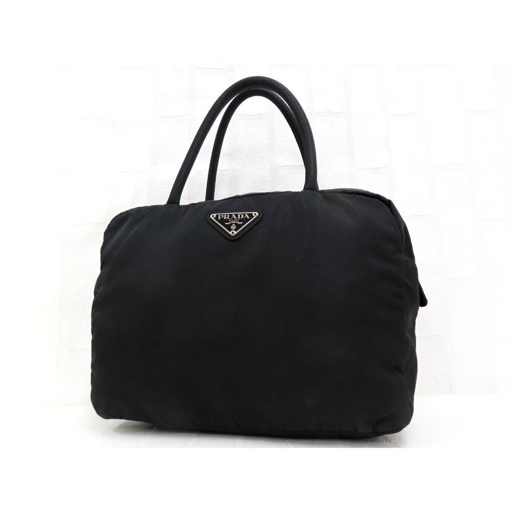 Prada Handbag Black Silver Hardware Strap on Shoulder Bag Triangular